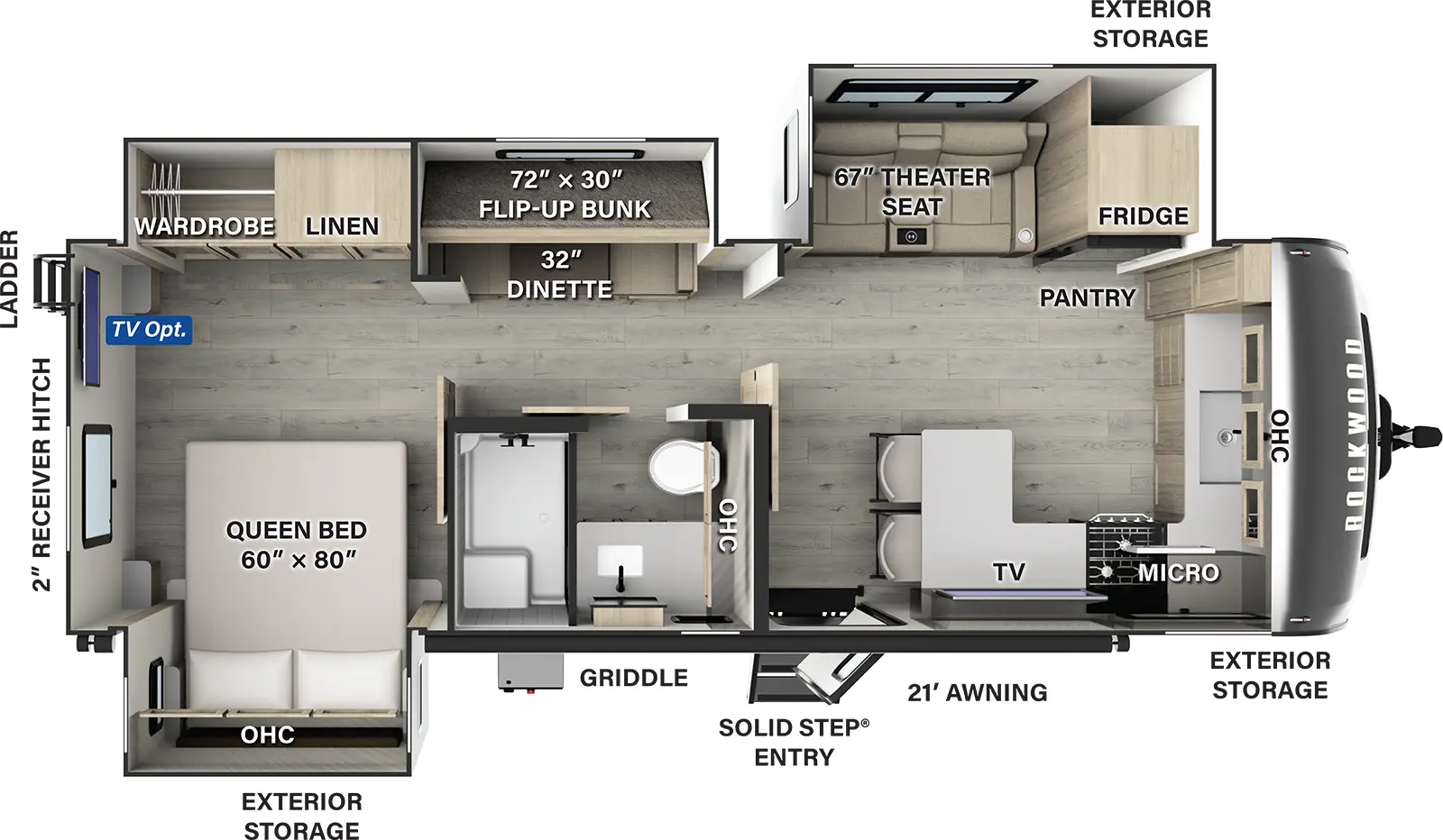 The Rockwood Signature Travel Trailers  8264BHS has one entry and three slide outs. Exterior features include: fiberglass exterior and 21' awning. Interiors features include: bunk beds, front kitchen and rear bedroom.